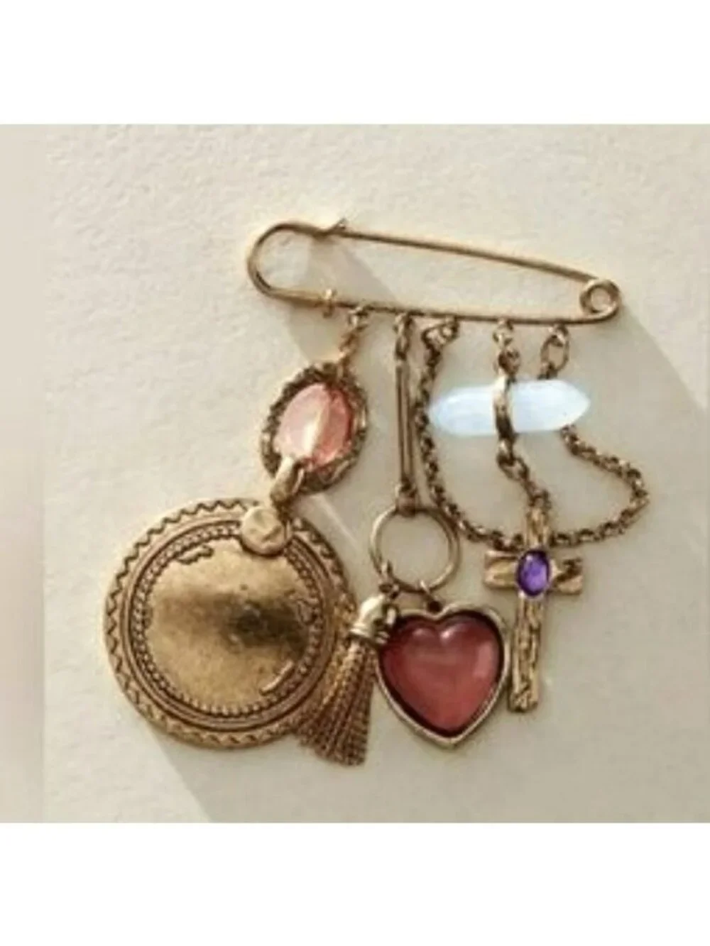 Free People Gold-Tone Charm Brooch With Heart Cross Tassel & Gemstone Accents
